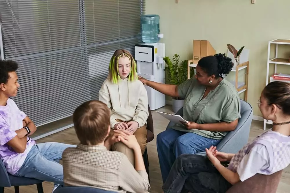 Group therapy session at My Time Recovery in Fresno, California.