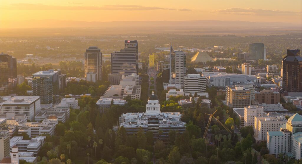 Aerial view of the city of Fresno, CA at sunset.