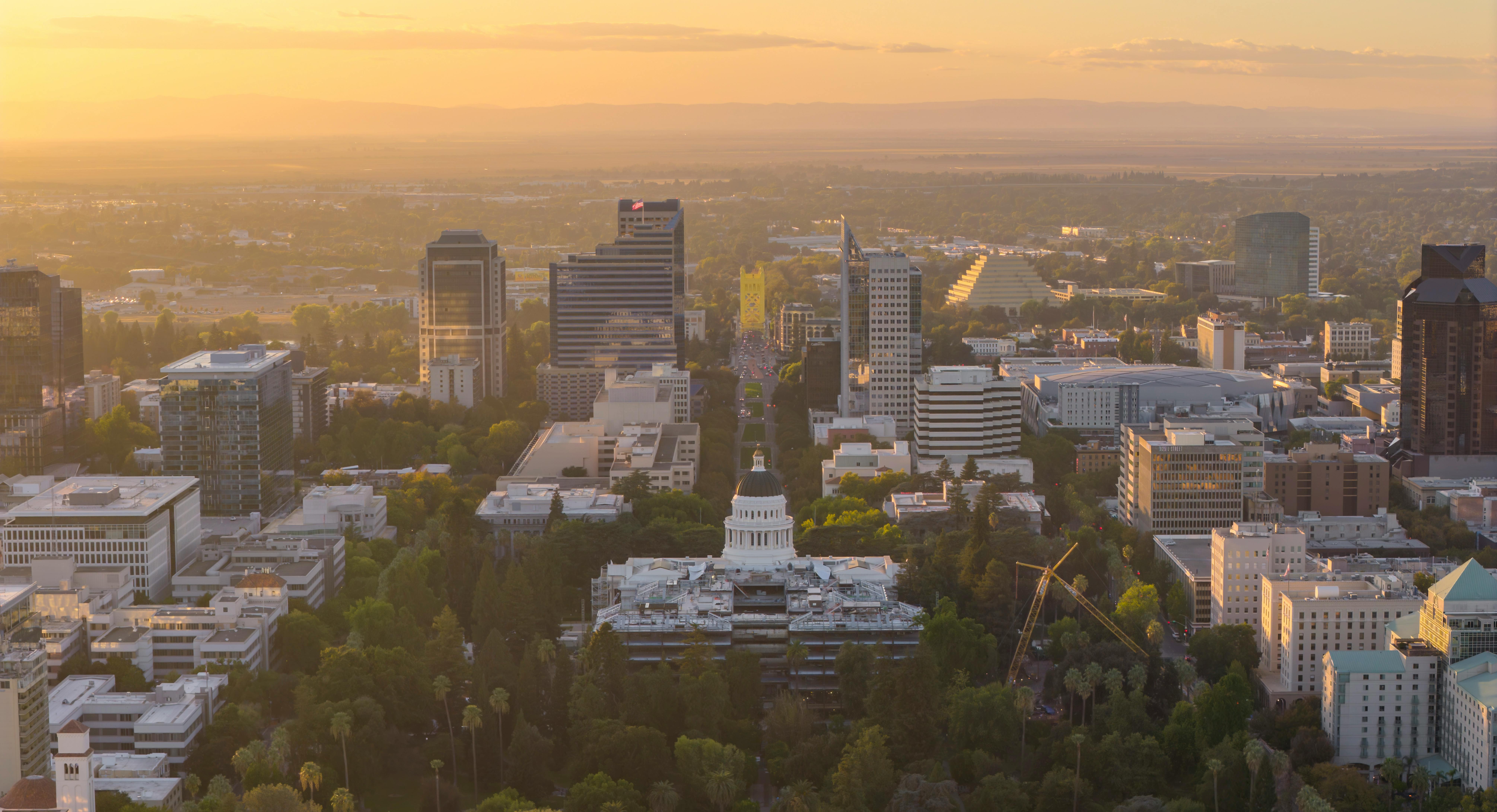 Aerial view of the city of Fresno, CA at sunset.