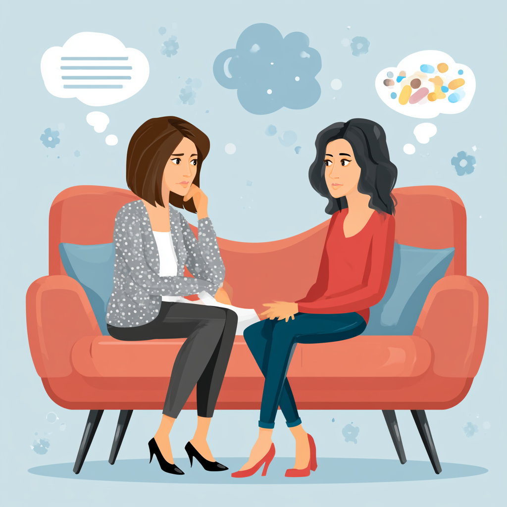 Illustration of two women in counseling during women's rehab, highlighting individualized therapy, emotional support, and addiction recovery in a safe, compassionate treatment setting.