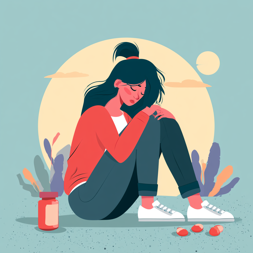 Illustration representing women's drug rehab, showing a woman struggling with substance use before receiving addiction treatment, therapy, and recovery support.