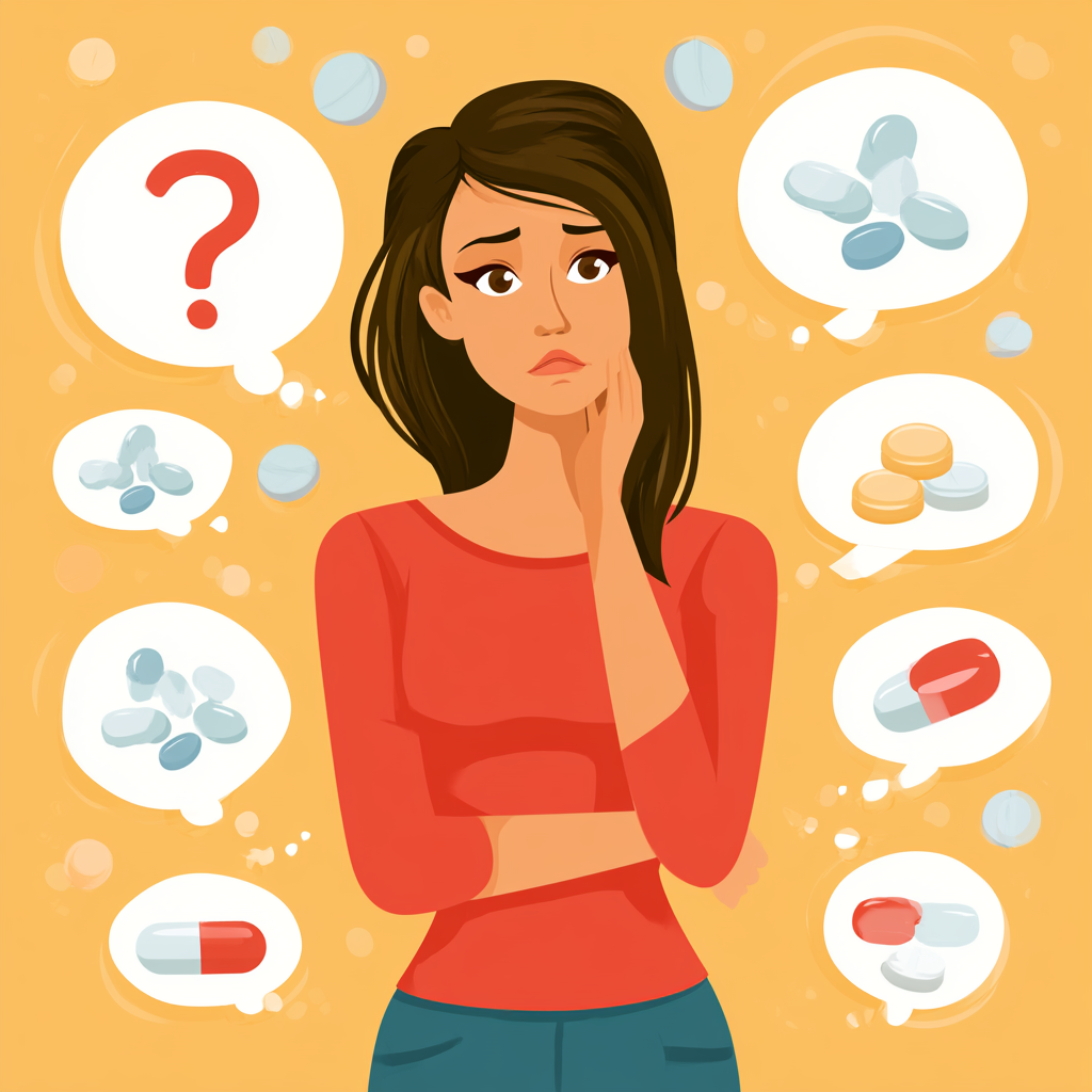 Illustration representing women's drug rehab in Fresno, showing a woman concerned about prescription drug misuse while exploring personalized addiction treatment and recovery options.