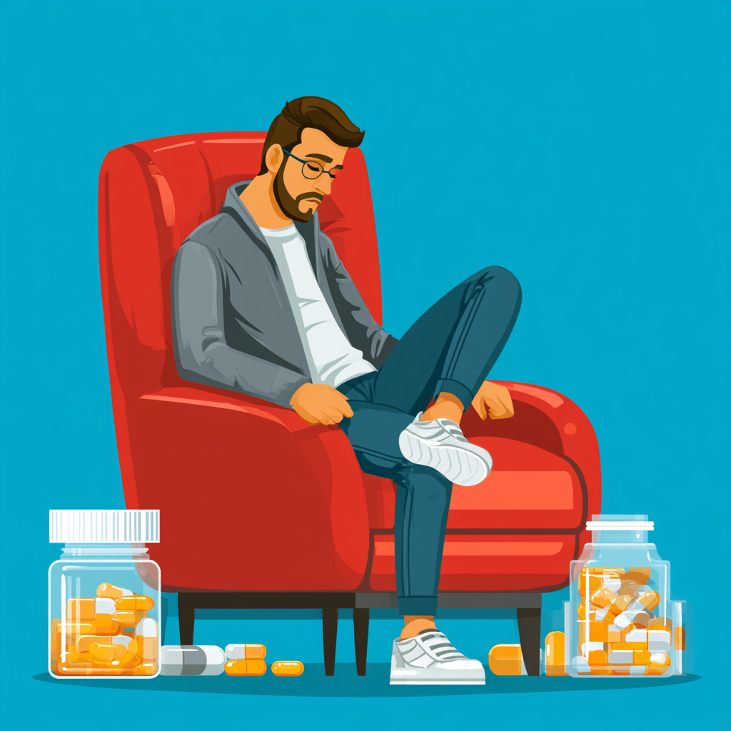Illustration representing drug rehab in Fresno, showing a man struggling with prescription drug addiction before receiving professional addiction treatment and recovery support.