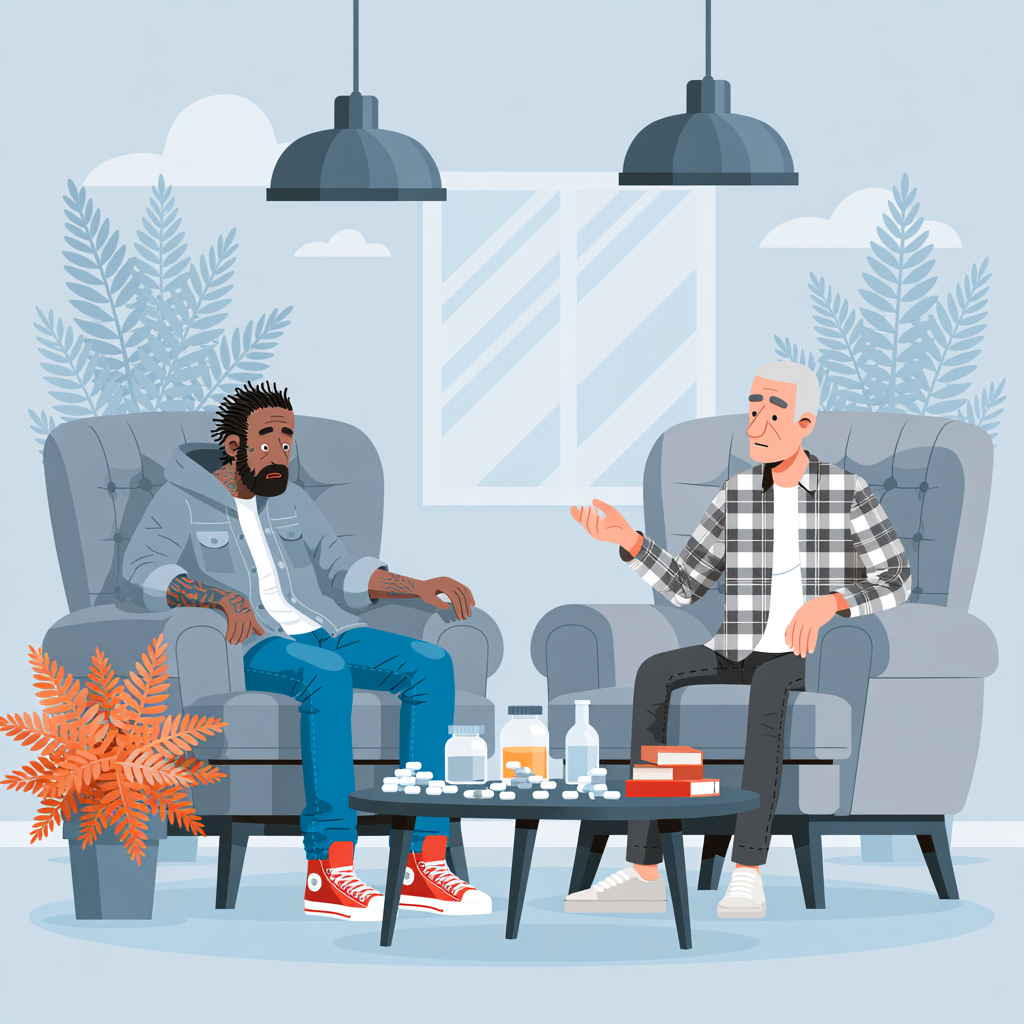 Counselor speaking with a client during a therapy session at a residential drug rehab in Fresno, California.