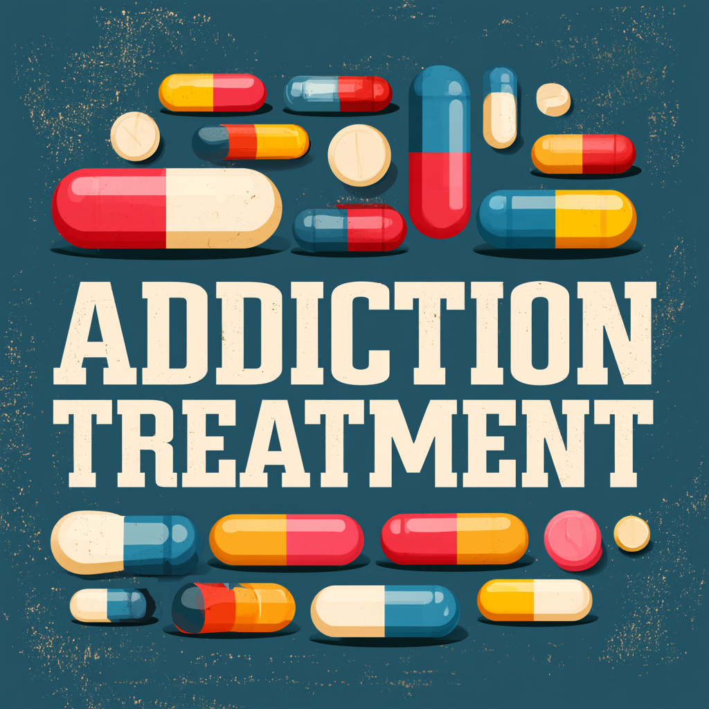 Illustration of prescription pills representing residential addiction treatment and professional support for substance use recovery.
