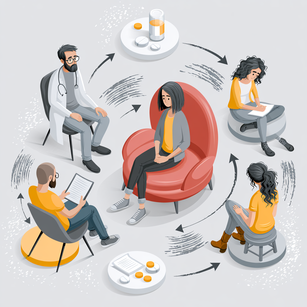 Illustration of an intensive outpatient program providing therapy, medical support, and medication management for addiction recovery.