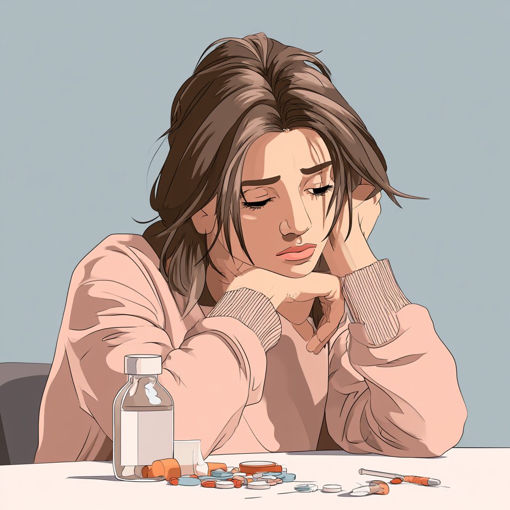Drug rehab for women illustration showing a woman struggling with substance use, highlighting the need for gender-specific addiction treatment, support, and recovery.